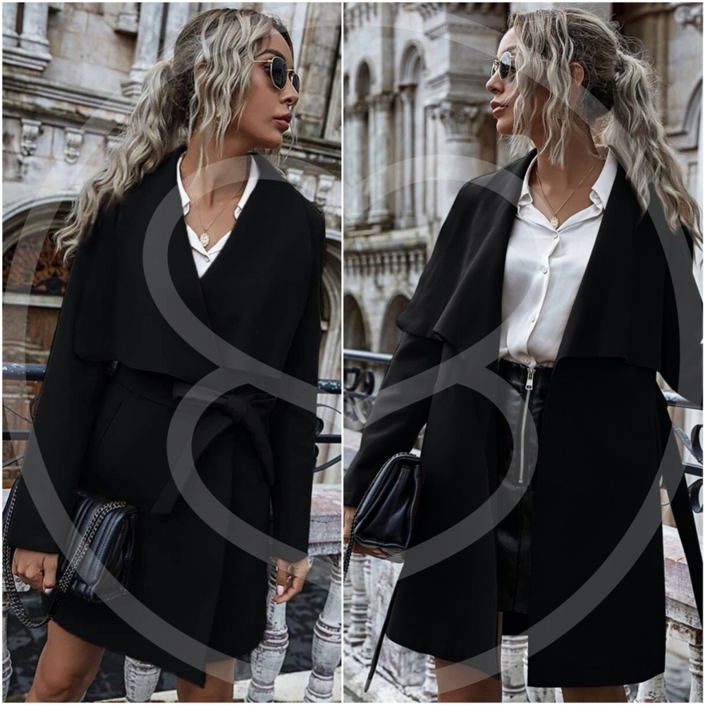 Boho camel wide collar jacket coat belted peacoat - Picture 3 of 8
